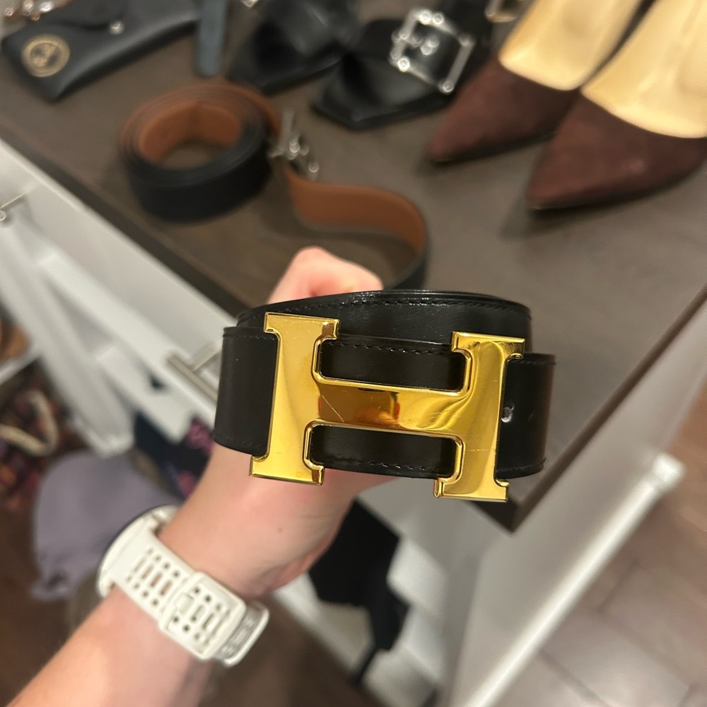 Hermes Black Leather Belt with Gold H Buckle